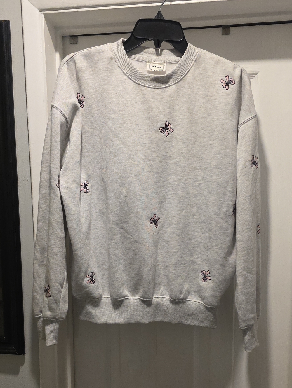 Reflex Light Gray Crewneck Sweater with Pink Bow Embroidery